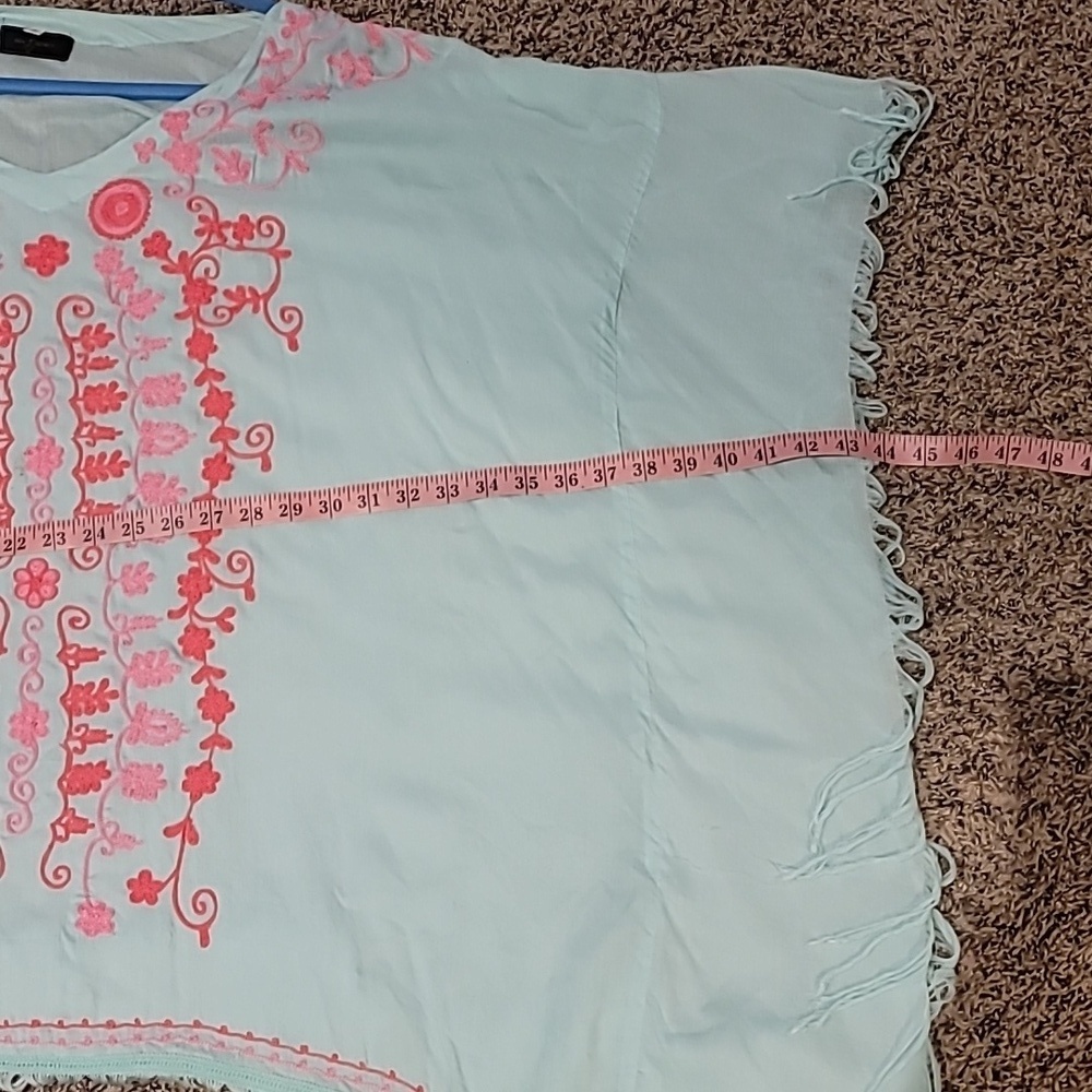 Embroidered Seafoam Swimsuit Coverup With Fringed Hem Pink And Coral One Size - Picture 9 of 10